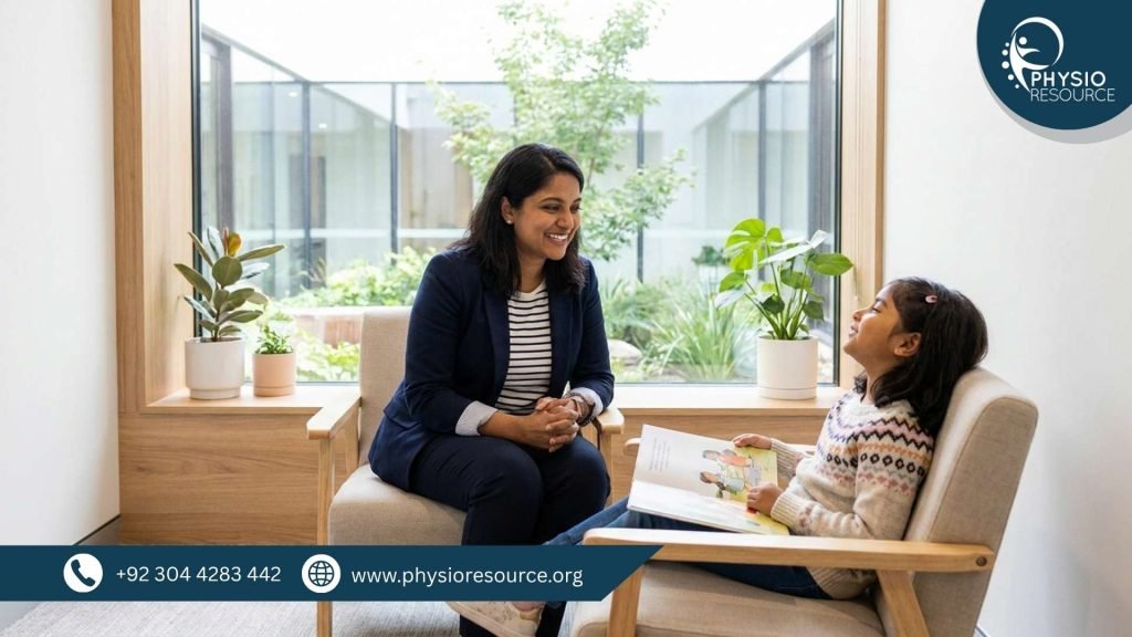 Pakistani patient practicing speech and communication skills with a female speech therapist – Physio Resource