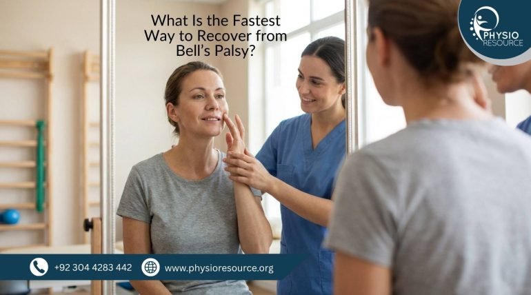 Physiotherapist guiding a patient performing facial exercises for Bell’s palsy recovery in a clinical setting
