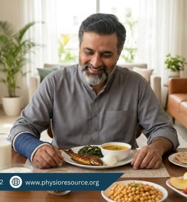 Pakistani adult enjoying a nutritious meal during recovery after a bone fracture – Physio Resource