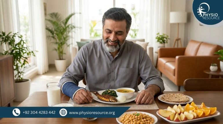 Pakistani adult enjoying a nutritious meal during recovery after a bone fracture – Physio Resource