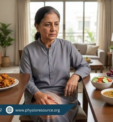 Pakistani adult with knee discomfort surrounded by foods to limit for knee pain – Physio Resource