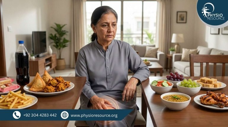 Pakistani adult with knee discomfort surrounded by foods to limit for knee pain – Physio Resource
