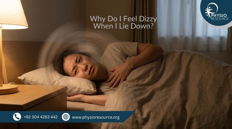 Person lying on a bed at night with a slightly uncomfortable expression, experiencing dizziness while resting