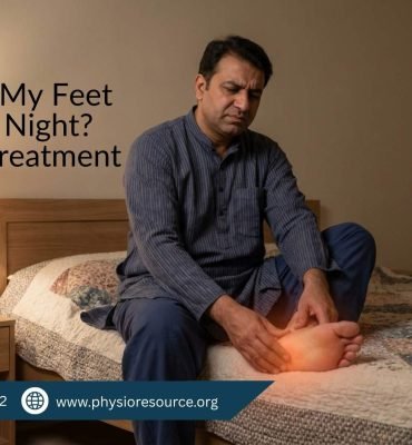 Person sitting on a bed at night gently holding their feet, showing discomfort from a burning sensation in a softly lit bedroom