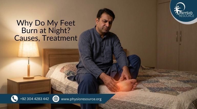 Person sitting on a bed at night gently holding their feet, showing discomfort from a burning sensation in a softly lit bedroom