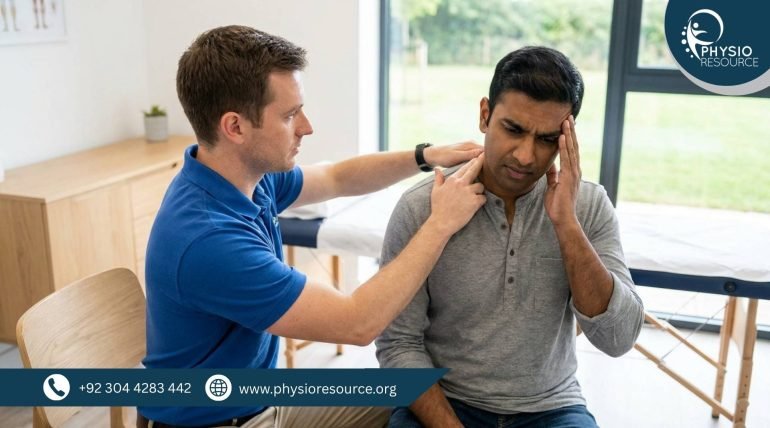 Male physiotherapist assessing a patient with migraine or neck-related headache