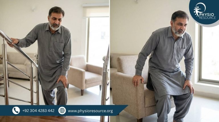 Pakistani adult experiencing knee pain while climbing stairs and getting up from a chair – Physio Resource