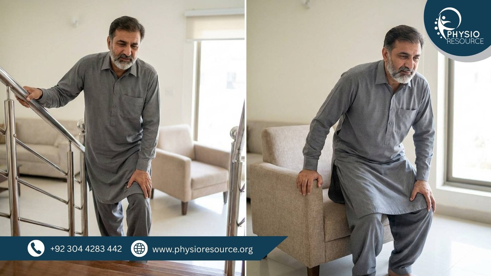 Pakistani adult experiencing knee pain while climbing stairs and getting up from a chair – Physio Resource