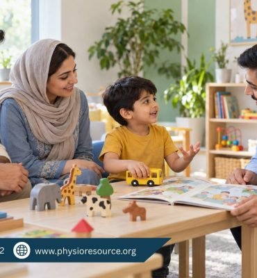 Young boy talking with a male speech therapist using toys and a picture book while both parents listen.