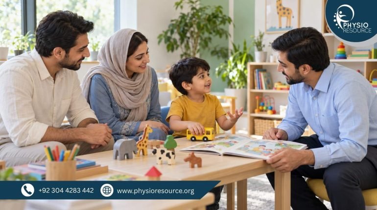 Young boy talking with a male speech therapist using toys and a picture book while both parents listen.