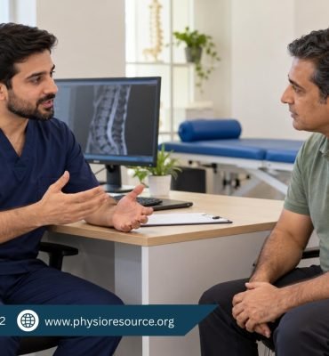 Male physiotherapist talking with a seated patient, with a spine MRI displayed on a nearby monitor.