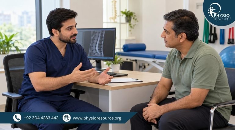 Male physiotherapist talking with a seated patient, with a spine MRI displayed on a nearby monitor.