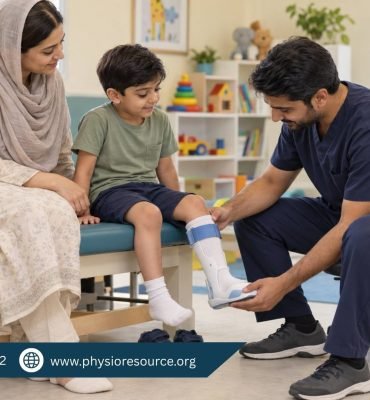 Male pediatric physiotherapist checking a boy’s ankle-foot brace while his mother sits beside him.