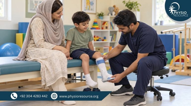 Male pediatric physiotherapist checking a boy’s ankle-foot brace while his mother sits beside him.