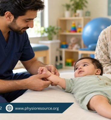 Male pediatric physiotherapist gently supporting a baby’s arm while the mother watches beside the treatment couch.