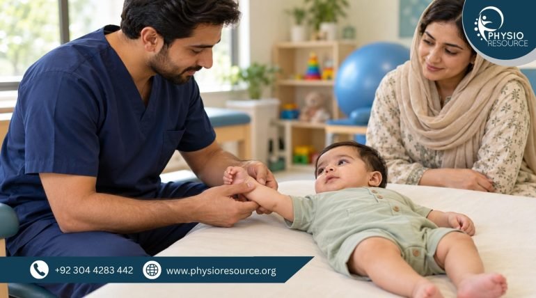 Male pediatric physiotherapist gently supporting a baby’s arm while the mother watches beside the treatment couch.