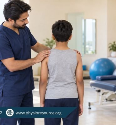 Male physiotherapist assessing a child’s shoulder alignment during a scoliosis assessment.