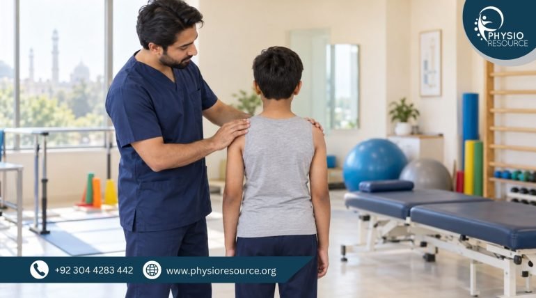 Male physiotherapist assessing a child’s shoulder alignment during a scoliosis assessment.