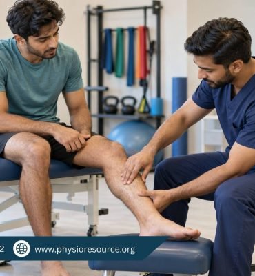 Male physiotherapist examining a runner’s shin while the runner sits on a treatment couch with his foot on a padded stool.