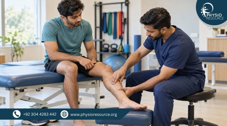 Male physiotherapist examining a runner’s shin while the runner sits on a treatment couch with his foot on a padded stool.