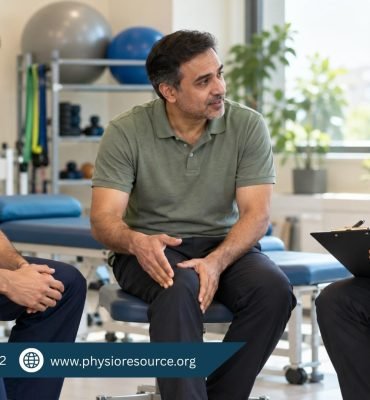 A seated man discussing his knee concern with a male physiotherapist in navy scrubs and a doctor in a white coat.