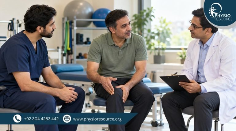 A seated man discussing his knee concern with a male physiotherapist in navy scrubs and a doctor in a white coat.