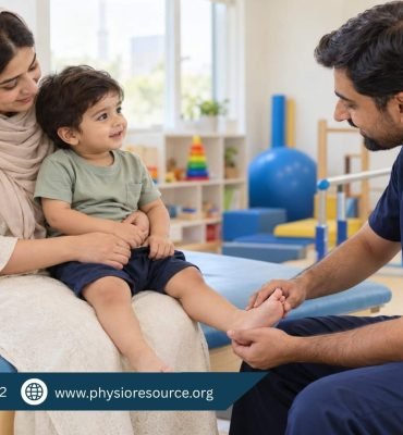 Male pediatric physiotherapist gently assessing a toddler’s foot while the child sits on his mother’s lap.