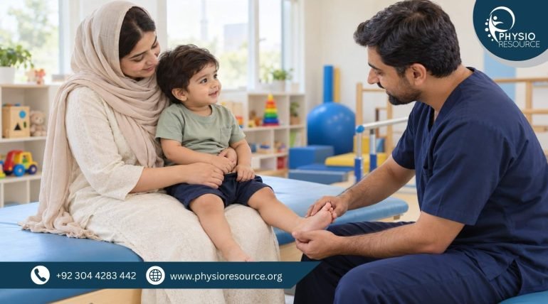 Male pediatric physiotherapist gently assessing a toddler’s foot while the child sits on his mother’s lap.