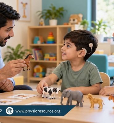 Boy wearing a cochlear implant processor practising communication with a male speech therapist using toy animals, with his mother beside him.