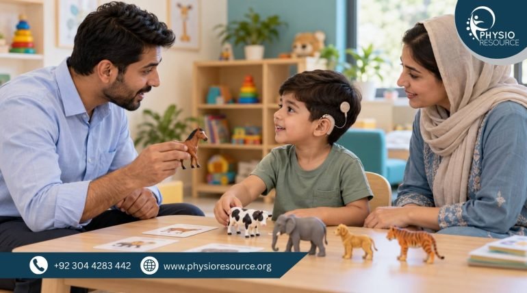 Boy wearing a cochlear implant processor practising communication with a male speech therapist using toy animals, with his mother beside him.