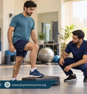 Male physiotherapist observing an athlete’s step-up exercise, with a cricket bat, batting gloves and football nearby.