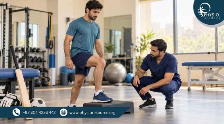 Male physiotherapist observing an athlete’s step-up exercise, with a cricket bat, batting gloves and football nearby.