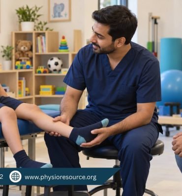 Male pediatric physiotherapist supporting a boy’s lower leg during an assessment while his father watches.