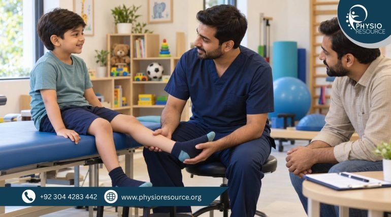 Male pediatric physiotherapist supporting a boy’s lower leg during an assessment while his father watches.