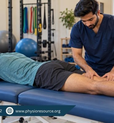 Male physiotherapist examining the back of an athlete’s thigh while the athlete lies face down on a treatment couch.