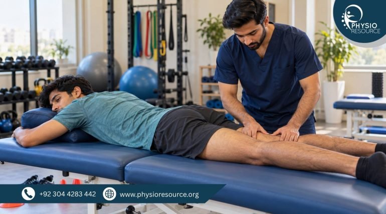 Male physiotherapist examining the back of an athlete’s thigh while the athlete lies face down on a treatment couch.