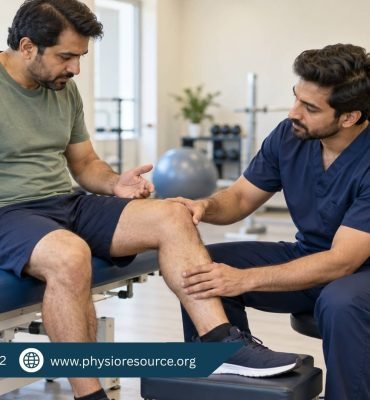 Male physiotherapist examining a seated patient’s bent knee while the foot rests on a padded stool.