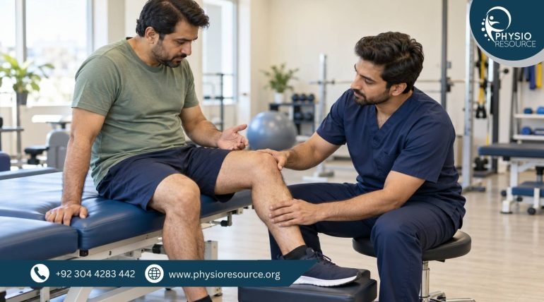 Male physiotherapist examining a seated patient’s bent knee while the foot rests on a padded stool.