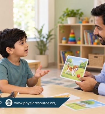 Male speech therapist using a picture card to engage a young boy in conversation while his mother watches.