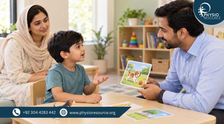 Male speech therapist using a picture card to engage a young boy in conversation while his mother watches.