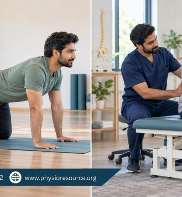 Side-by-side scenes of a man practising yoga and a male physiotherapist assessing a patient’s lower back.