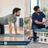Side-by-side scenes of a man practising yoga and a male physiotherapist assessing a patient’s lower back.