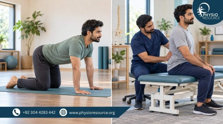 Side-by-side scenes of a man practising yoga and a male physiotherapist assessing a patient’s lower back.