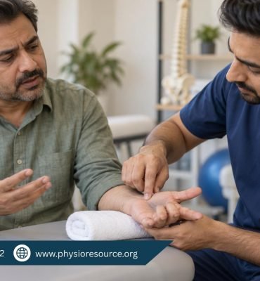 Male physiotherapist examining a patient’s palm and bent fingers while the wrist rests on a rolled towel.