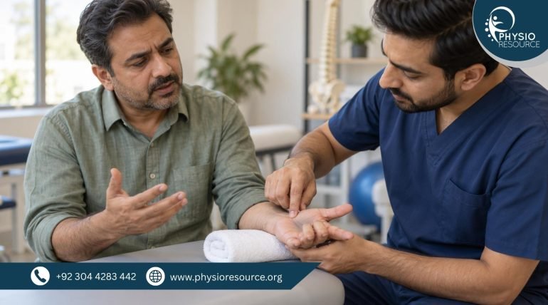 Male physiotherapist examining a patient’s palm and bent fingers while the wrist rests on a rolled towel.
